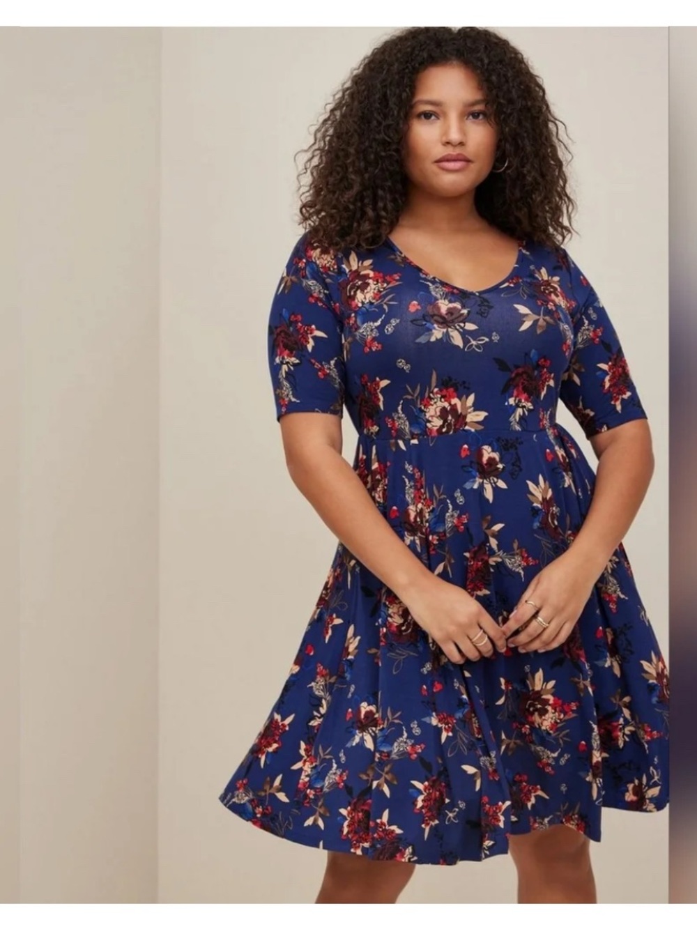 TORRID 1X Blue Floral Super Soft Mini Skater Dress Pocket V-neck Max Strech NEW